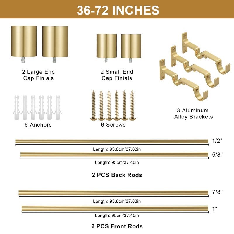 Brass Double Curtain Rods with Cap Finials, Double Curtain Rods