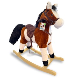 Playful Minds - Rocking Horse with Animated Tail and Mouth, Includes Sound Effects, 29-Inch Tall with Saddle and Rockers - Realistic Bridle, Reigns, Soft Stuffed Pony