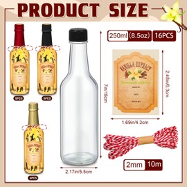 Tioncy 16 Pcs Vanilla Extract Bottles for Homemade Vanilla Jar Glass Bottle with Cap, Shrink Band, Sticker Syrup Gift Food Storage Canister for Bean Sauce Spice(Black, Red, Gold,8.5 oz)
