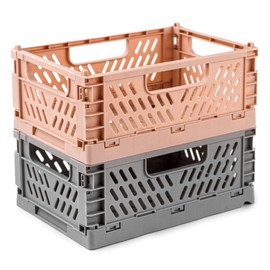 Spesh Pack of 2 Foldable Storage Baskets, Plastic Storage Boxes for Kitchen, Bedroom, Study (Pink+Grey, 22 x 15 x 9 cm)