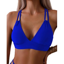 Tainehs Women's Push Up V Neck Bikini Tops Criss Cross Back Padded Bathing Suit Top Only Blue