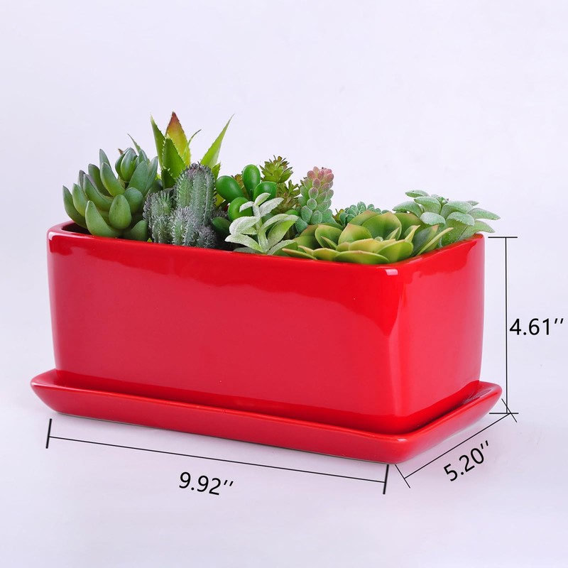 VanEnjoy 10 Inch Red Rectangle Ceramic Succulent Planter Pot Decorative
