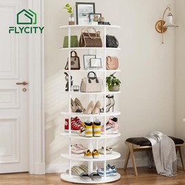 Flycity 7-Tier Rotating Shoe Rack Tower with 360° revolving design and steel columns.Ideal for entryways, living rooms, or closets, this space-saving Lazy Susan organizer offers easy access, storing shoes,bags,and accessories to keep your home organized.