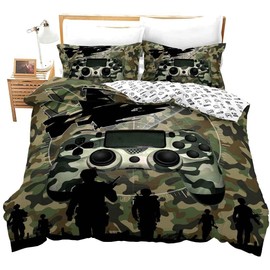 Army Style Gaming Gamer Bedding Set Kids Boys Teens Games Duvet Cover Green Camouflage Comforter Cover Helicopter Joystick Decor Reversible Quilt Cover with 1Pillowcases Single