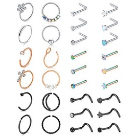 Mayhoop 20g Stainless Steel Nose Rings Hoop L Shape Nose Studs Nose Screw Bone Silver Rose Gold Black Rainbow Pack for Women Men 28Pcs