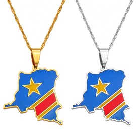 Hafrita Democratic Republic Of The Congo Map Necklace Gold Chain Flag Pendant Necklaces, 45cm Thin Chain, Copper, Agate