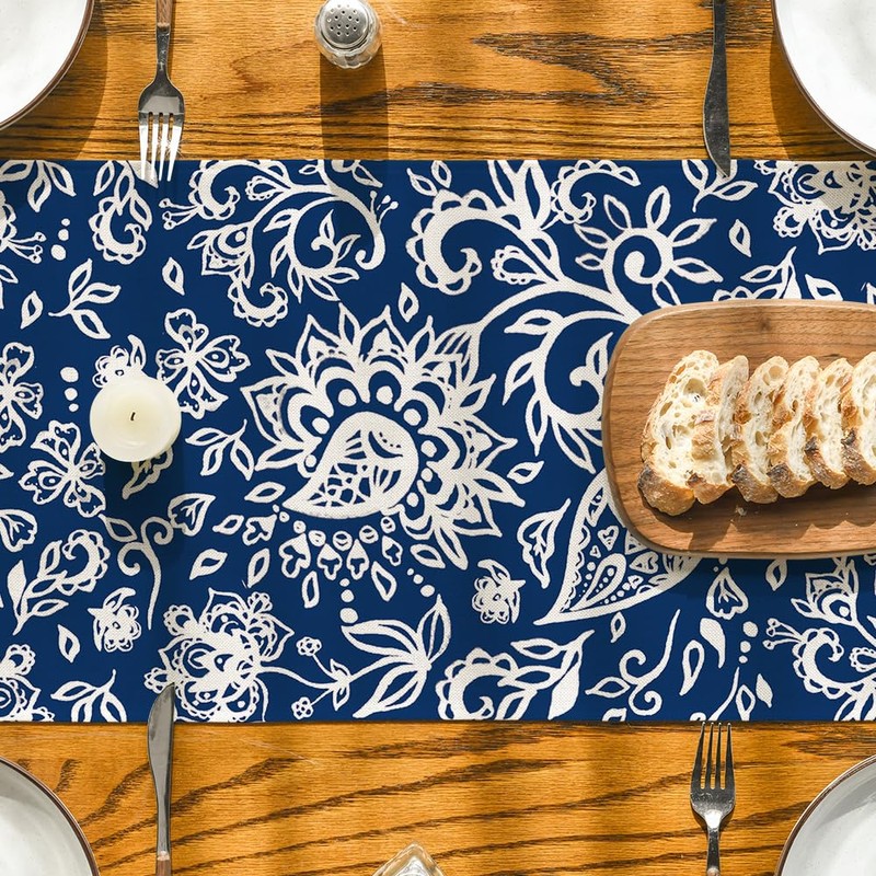 Artoid Mode Blue Floral Paisley Table Runner, Seasonal Spring Kitchen