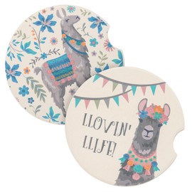 Karma Gifts Boho Car Coasters - Absorbent Cup Holder Coasters for Car - Set of 2 - Loving Life Llama