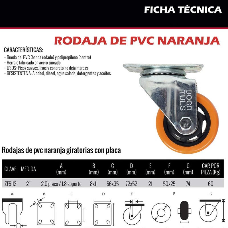 DOGOTULS ZF5112 Rodaja de PVC Naranja Giratoria con Placa 2"