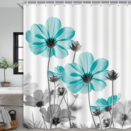 MERCHR Unique Floral Shower Curtain for Bathroom Decor, Teal and Gray Daisy Flower Elegant Wildflower Design Farmhouse Shower Curtains with Hooks Set, 71 X 78 Inches