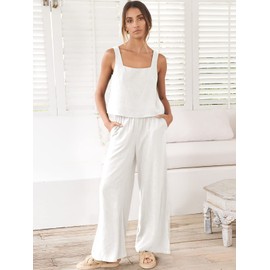ANRABESS Women's 2 Piece Outfits Linen Pants Jumpsuit Matching Lounge Set Casual Summer Beach Vacation Trendy Clothes, White, Medium