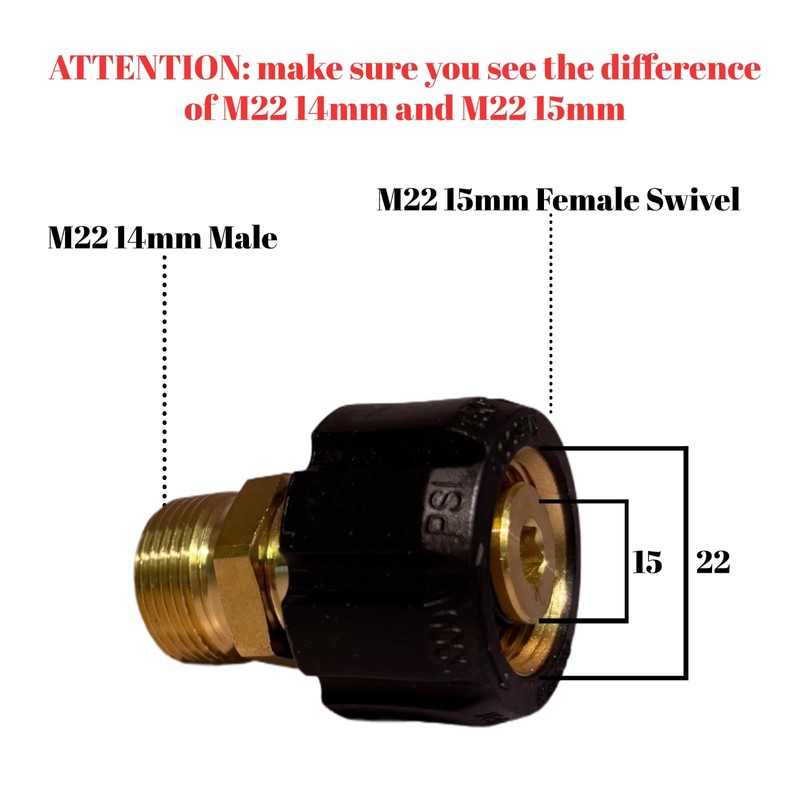 Pressure Washer Adapter Metric M22-15mm Female Thread to M22-14mm Male