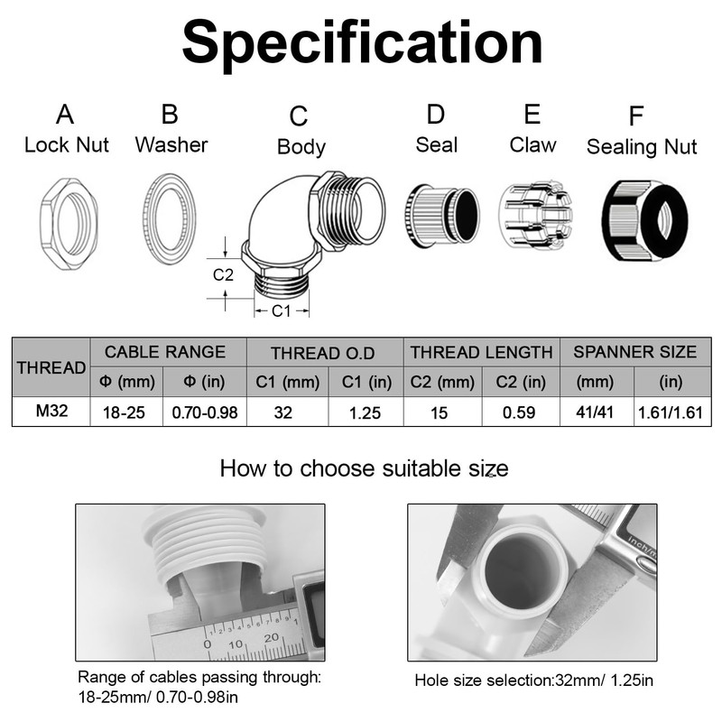 LeMotech M32 Cable Gland, 90 Degree Adjustable 18-25mm Strain Relief,