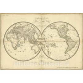Historic Pictoric Map : World 1821, Carte generale du Globe terrestre, Antique Vintage Reproduction : 24in x 16in