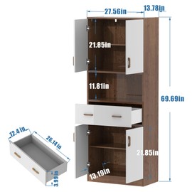 DIYART Brown and White Kitchen Pantry Cabinet, 70" Tall Kitchen Storage Cabinet with Doors and Drawer, Freestanding Wooden Storage Cabinet for Kitchen, Dining Room