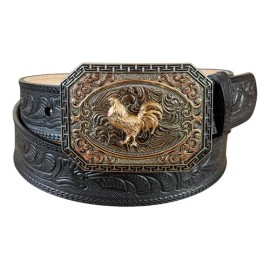 Cinturón Vaquero Grabado Petatillo Hebilla De Gallo 100%piel