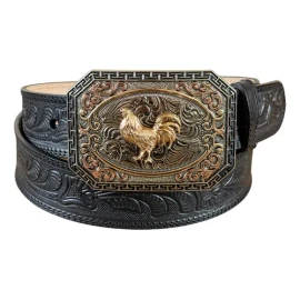 Cinturón Vaquero Grabado Petatillo Hebilla De Gallo 100%piel