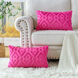 Artscope Pack of 2 Soft Plush Short Wool Velvet Decorative Throw Pillow Covers Luxury Style Cushion Covers European Pillow Shell for Sofa Bedroom Diamond Shape Hot Pink, 12x20 Inch