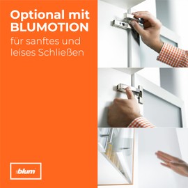BLUM CLIP top Möbel Scharnier 110°, gerade mit Feder, Schrauben, Eckanschlag + BLUM CLIP Exzenter Kreuzmontageplatte, Stahl, Schrauben, Distanz 0 mm (2 Sets)