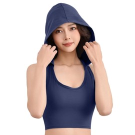 Women's Activewear Sleeveless Tops Hooded Fitness Vest With Padding Lightweight Running Top For Yoga, Outdoor Training Sports Bra Workouts Hoodie T-Shirts (Navy Blue,M)