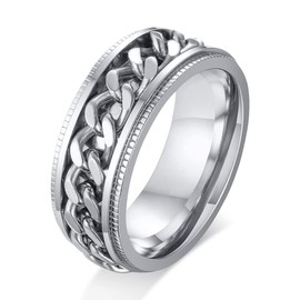 SWOPAN Men's Spinner Ring Fidget Anxiety Rings 8MM Stainless Steel Fidget Ring for Men Women Anxiety Relief Grooved Edge Ring Engagement Wedding Bands Rotation Chain Ring Jewelry Gift, Silver, Size 12