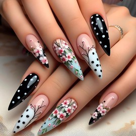 Long Stiletto Press on Nails Flower Fake Nails Almond Shape Black White Glue on Nails with Designs Glossy Full Cover Floral Acrylic False Nails Tips Cute Stick on Nails for Women Finger Manicure