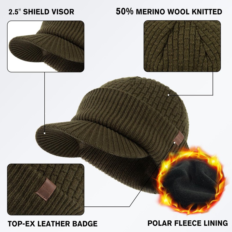 TOP-EX PolarWool™ XL/XXL 50% Merino Wool Peaked Beanie Hat Men