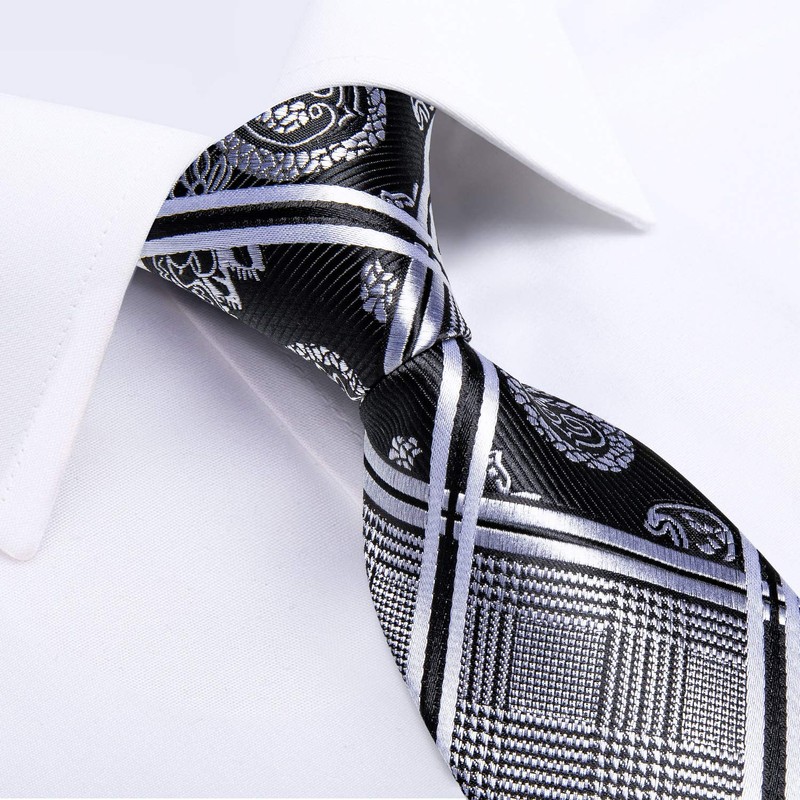 DiBanGu Silk Black Grey Paisley Necktie and Pocket Square Cufflinks