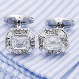 Jonwo Rectangle Crystal Silver Tone Cufflinks for Men Purple/Blue/Transparent Crystals Men's Cuff Link Set for Wedding Shirt Party Business Birthday Anniversary Dress (Transparent Crystal)