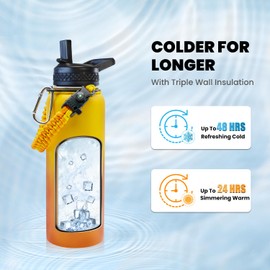 RAYMYLO Insulated Water Bottle 40 oz, Triple Wall Vacuum Stainless Steel (Cold for 48 Hrs), Leak Proof & Non-BPA, Modern Water Flask Jug with Paracord Handle & Straw Spout Lids, Ombre Orange