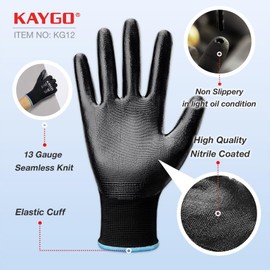 KAYGO Safety Work Gloves Nitrile Coated, Good Grip and Dexterity, 12 Pairs General Purpose Durable Working Gloves for Men and Women, Ideal for Construction Warehouse Automotive DIY, KG12N (Black, M)