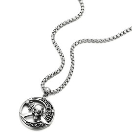 COOLSTEELANDBEYOND Stainless Steel Large Circle Pirate Skull Pendant Necklace for Men, 30 in Chain, Gothic Tribal