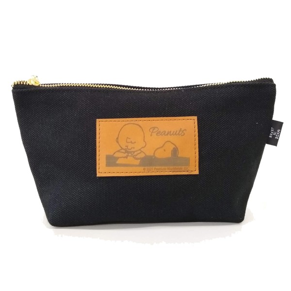 Snoopy Pouch, Small Size, Simple, Cosmetics Holder, Wide Gusset, Canvas, Stylish, Black, Cotton, Made in Japan, Charlie & Snoopy Flat Pouch