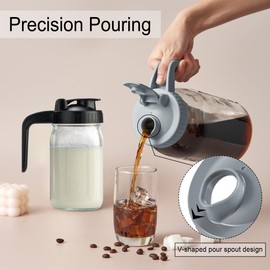 32oz Glass Pitcher with Lid & V-shaped Pour Spout - 1 Quart Breastmilk Pitcher Double Leak Proof, Creamer Container for Sun Tea, Juice, Cold Brew Coffee, Breastmilk Storage Container