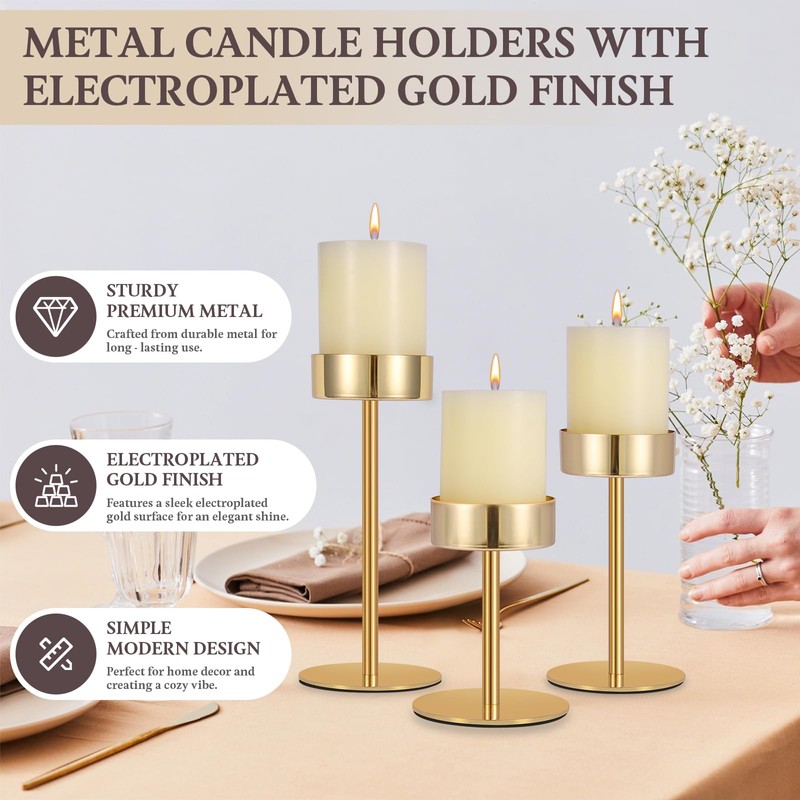 Pillar Candle Holders Set of 3, 3.15" Diameter Gold Candlestick
