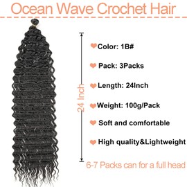 Mscat 24 Inch Ocean Wave 3Pack Crochet hair Extexsions Long Braids Deep wave Synthetic hair Curly Braiding hair for Black Women 1B#