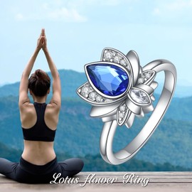 AOBOCO Lotus Urna Anillo Joyería para Cenizas para Mujer Plata de Ley con Cristal Azul Zafiro, 27 (9 USA), Cristal, Cristal de Austria,