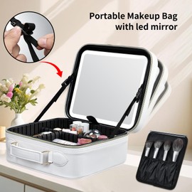 Faquenc Travel Makeup Bag with LED Mirror 3 Color Modes,10.2-in White Vegan Leather Makeup Organizer Bag with Adjustable EVA Dividers and Independent Brush Panel