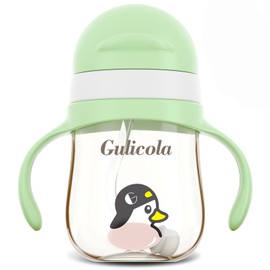 Vaso de paja con peso para niños de 1 año, biberón de transición con asa para bebés de 12 meses, vaso de aprendizaje PPSU a prueba de derrames, sin BPA, 11 onzas / 320 ml (verde)