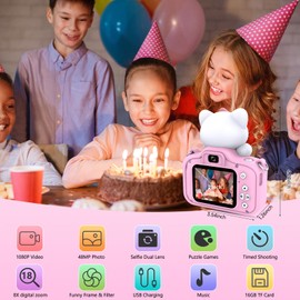 Kids Camera, Digital Camera for Kids Age 3-5 Boys/Girls, Toddler Cameras for 6 7 8 9 10 11 12 Year Old Christmas Birthday Festival Gifts, Cameras Toys with 16G TF Card, Pink