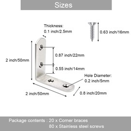 20 Pack L Bracket Corner Braces 2 Inch Stainless Steel Heavy Duty Shelf Bracket for Wood Shelves, Wall Hanging Support 90 Degree Joint Right Angle Brackets with Screws