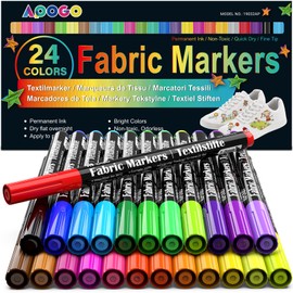 APOGO 24 Textile Pens, Machine Washable, Textile Paint Pens, Fabric Paints, Washable Fabric Colouring Pens, Textile Markers for T-Shirt, Fabric Bag for Painting, Hat, Fabric, Craft Pens