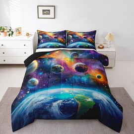 Feelyou Universe Galaxy Comforter Set Twin Size Kids Planets Earth Bedding Set Boy Girl Teen Solar System Comforter Breathable Outer Space Duvet Set Nebula Quilt Set