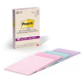 Post-it - Notas superadhesivas de papel 100% reciclado, forradas, 4 pulgadas x 6 pulgadas, 4 almohadillas para orejas, 45 hojas por bloque, pasteles Wanderlust, suministros escolares y productos de
