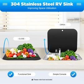 PIAOCAIYIN Kitchen RV Sink, Stainless Steel Camper Sink with Lid And Faucet Kit, Hand Wash Basin w/Hot & Cold Taps, 17" Drop-In Portable Sink for RV Caravan Boat Camper
