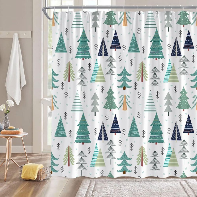 Christmas Tree Shower Curtain Green Xmas Tree Snowflake Forest Winter