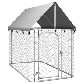 vidaXL Outdoor Dog Kennel with Roof, Heavy-Duty Galvanized Steel Construction, Roomy Play Paradise, UV Protected and Fire- Canopy - Silver