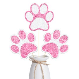 Dog Paw Print Centerpiece Sticks Glitter Paw Party Decorations 12PCS Double Sides Pink Puppy Birthday Table Topper Centerpieces for Kids Pet Dog Theme Baby Shower Supplies