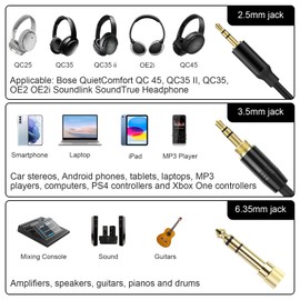Lusgawer QC45 Coiled Audio Cable,Replacement Audio Cable Cord Compatible with Bose QC45/QC35/QC35 II/NC700 Headphones,2.5mm to 3.5mm(1/8") Extension Wire with 6.35mm(1/4") 6-16ft (Black)