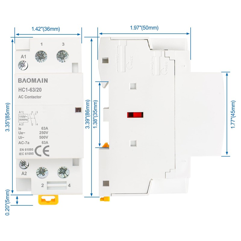Baomain 110V AC 2-Pole Modular Contactor, 63A 2NO Normally Open,